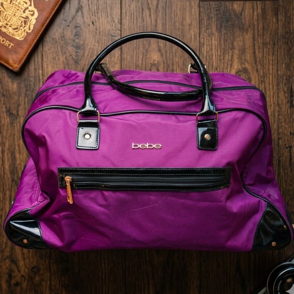 Bebe Purple Rolling Duffel Bag Weekender Carry-On Travel Black Patent Y2K